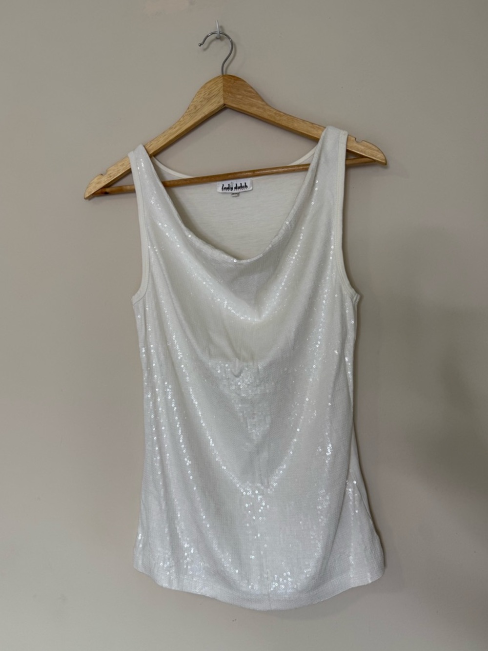 Lady Dutch White Sequin Cowl Neck Tank Top M